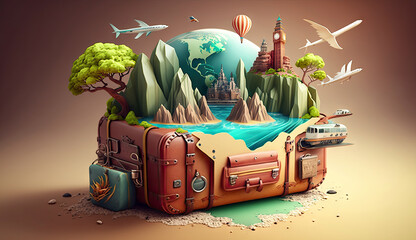 Summer vacation travel trip planned concepts background, Holiday event for traveling around the world, beautiful nature sand, sunlight, ocean water with Generative AI.