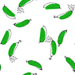 Vector seamless hand-drawn pattern with cucumbers isolated on white background. Texture with gherkins in sketch style.