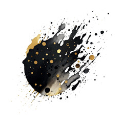 Trendy abstract illustration with black gold glitter watercolor splash spot on white background. Trendy style. Gold vector ink marble.