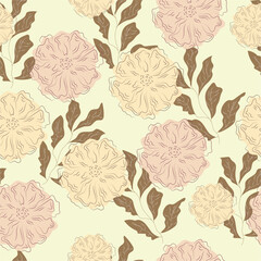 Roses and leaves seamless repeat pattern design. Soft elegant fashion textile print for fabric, backdrop and wallpaper. Pink and yellow roses line art illustration
