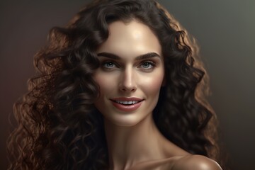 Beautiful brunette model with long curly hair. woman hairstyle wavy curls. Fashion portrait. generative AI