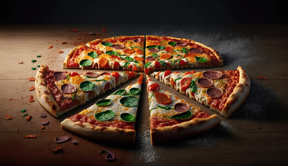 Close up of homemade tasty pizza that look delicious, ingredients pizza mozzarella cheese, tomatoes, pepperoni, and mushroom on table with Generative Ai.