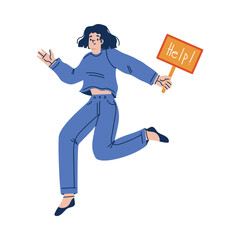 Woman Victim Begging for Help Holding Banner on Pole Vector Illustration