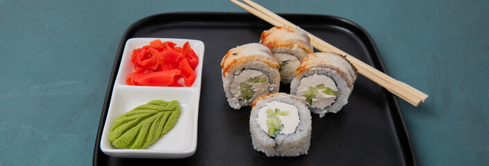 Sushi rolls on a tray