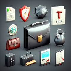 3d_business_icon_set._Calculator_safe_wallet_with_money
