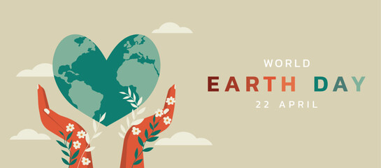 earth day concept with human hands holding heart shape planet for environment care, save the world banner background, vector flat illustration design