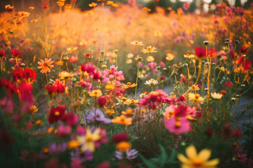 Colorful flower field illuminated by the setting sun, Generative AI