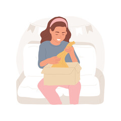 Unpacking parcel isolated cartoon vector illustration. Young happy girl sitting on sofa and unpacking carton box with clothes, opening parcel delivery, receiving online order vector cartoon.