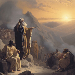 Moses receiving the ten commandments at Mount Sinai, religion and faith, prophet of judaism and christianity, generative AI 