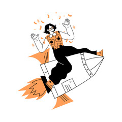 Marketing with Woman Character Riding Rocket Vector Illustration