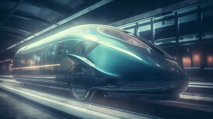 Fototapeta premium Futuristic electric bullet train speeding in a cutting-edge environment, featuring holographic overlays - AI Generated