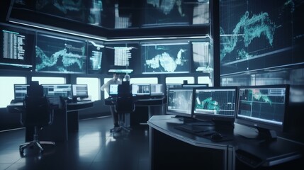 Trading office featuring futuristic screens displaying financial data, embodying robot trading and machine learning concepts for AI-driven finance. Rendered by AI.