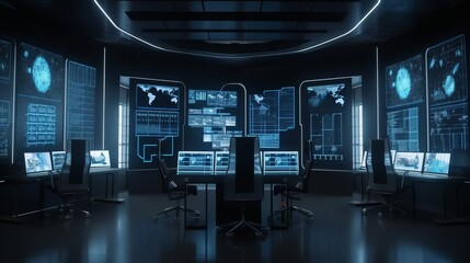Plakat Trading office featuring futuristic screens displaying financial data, embodying robot trading and machine learning concepts for AI-driven finance. Rendered by AI.
