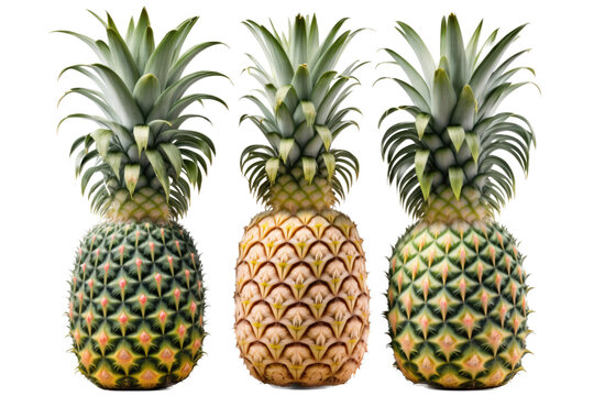 a fruit-themed photographic illustration featuring three isolated ripe tropical pineapple fruits set on a transparent background in PNG. Generative AI