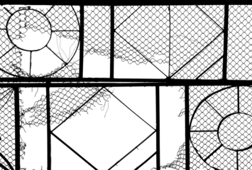 The texture of the metal mesh. Torn, destroyed, broken metal mesh on a white background