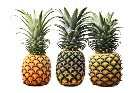 a fruit-themed photographic illustration featuring three isolated ripe tropical pineapple fruits set on a transparent background in PNG. Generative AI