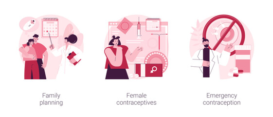 Women healthcare abstract concept vector illustration set. Family planning, female contraceptives, emergency contraception, reproductive health, fertility and pregnancy control abstract metaphor.