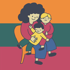 Mom holds her babies in her arms. Vector illustration in retro style.