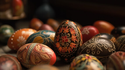 Indoor photography of traditionally painted Easter eggs with low camera position