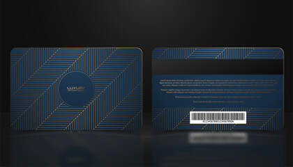 Vector template of membership or loyalty blue gold VIP card with luxury golden geometric chevron pattern. Front and back design presentation. Premium member, gift plastic card, zig zag background - 586320947