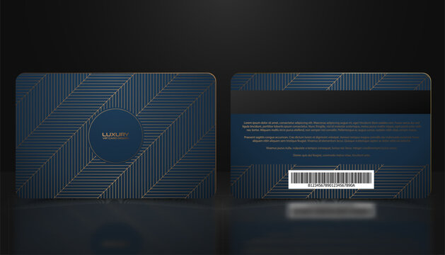 Vector template of membership or loyalty blue gold VIP card with luxury golden geometric chevron pattern. Front and back design presentation. Premium member, gift plastic card, zig zag background