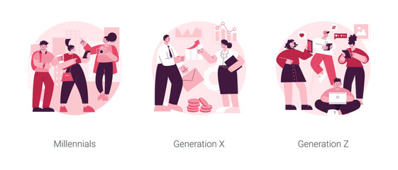 Generational change abstract concept vector illustration set. Millennials, Generation X and Z, digital native, middle age, parents, hyper-connected world, childhood with tablet abstract metaphor.