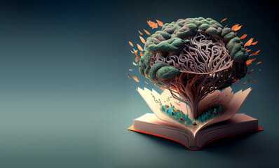 Brain tree grows from the book, education concept, brainstorming for ideas, positive attitude of the mind, generative AI
