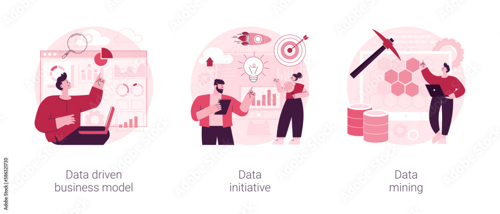 Poster data analytics abstract concept vector illustration set. data driven business model, information ini