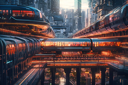 Futuristic trains traverse the suspended railway bridge, providing passengers with breathtaking views of the city's innovative skyline