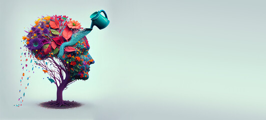 Human brain growing from a tree with flower, watering can is pouring water on the mind, mental health concept, positive attitude, creative thinking, generative AI  - obrazy, fototapety, plakaty