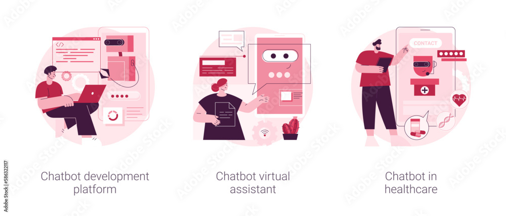 Poster smart robot abstract concept vector illustration set. chatbot development platform, virtual assistan