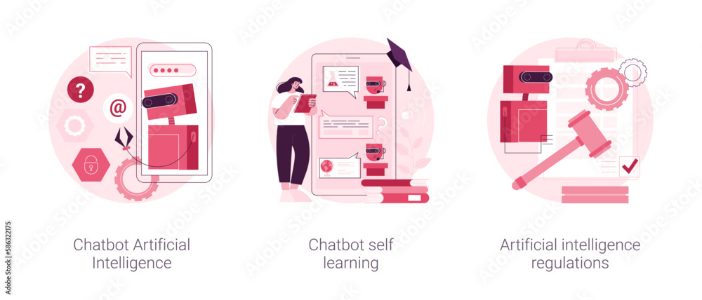 Poster machine learning abstract concept vector illustration set. chatbot artificial intelligence, virtual 