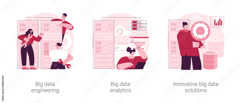 Poster database technology abstract concept vector illustration set. big data engineering, automated analyt