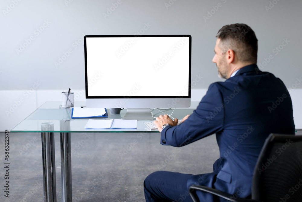 Poster rear view shot of businessman looking at blank computer monitor, watching webinar or having online v