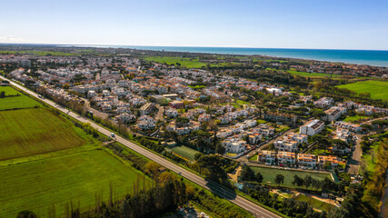 Aerial view of Marina di Cerveteri. It is a hamlet of Cerveteri in the Metropolitan City of Rome, Lazio, Italy. It is located on the Mediterranean Sea.