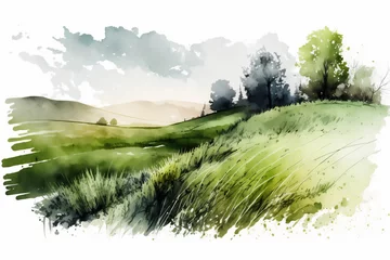 Rolgordijnen Watercolor landscape of a lush grass of gentle slopes in a rural scene on white background, Generative AI © JoseLuis