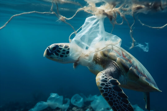 Turtle entangled in plastic in the ocean. Environmental problem of plastics. Protection of wildlife. Animals in danger. Generative AI.