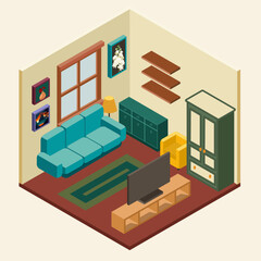 Living room isometric style vector retro color - obrazy, fototapety, plakaty