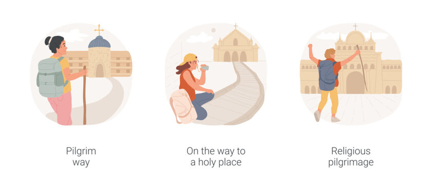 Christian pilgrimage isolated cartoon vector illustration set. Young woman making religious pilgrimage, caminho, on the way to holy place, young man walking, sacred destination vector cartoon.