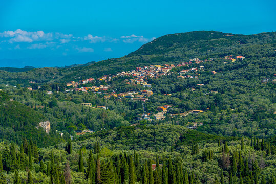 Mountains overlooking Greek resort town Palaiokastritsa at Corfu island