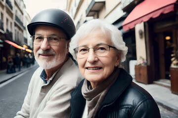 Happy middle aged retired family couple riding a scooter in the city. Concept of active age. Generative AI