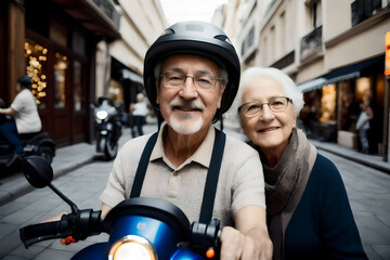 Happy middle aged retired family couple riding a scooter in the city. Concept of active age. Generative AI
