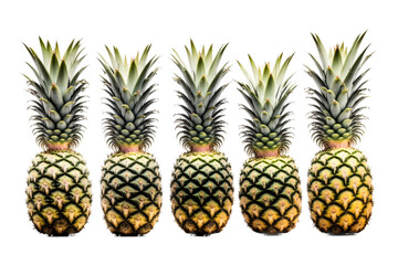 a vacation-themed photographic illustration featuring an isolated group of fresh tropical pineapple fruits set on a transparent background in PNG. Generative AI