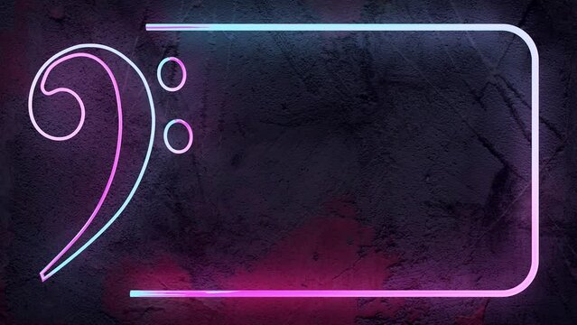 Signo de nota musical de ne&oacute;n. Dise&ntilde;o de fiesta y entretenimiento. Clave de fa. Se&ntilde;al de ne&oacute;n que brilla intensamente en la noche, pancarta luminosa.