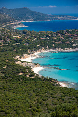 crystal clear water in Porto sa Ruxi beach in Villasimius, top view, Sardinia