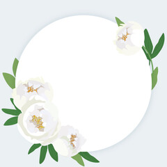 Round frame with white peony flowers on a background. Vector illustration.