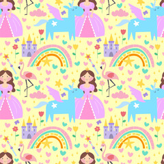 Obraz na płótnie Canvas Princess seamless pattern with unicorn, castle and rainbow in scandinavian flat style. Girl creative vector childish background for fabric, textile poster, clothing, nursery wall art and card. EPS