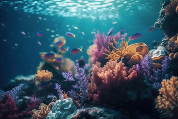 Naklejka na ściany i meble an underwater scene of a coral reef with a variety of fish. generative ai