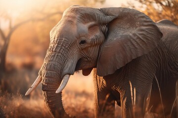 Fototapeta na wymiar an elephant with tusks standing in a field of grass. generative ai