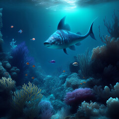 Fototapeta premium Explore the mysterious deep sea with surreal images of underwater creatures, bioluminescence and detailed textures. Inspired by abyssal zones, ocean trenches and hydrothermal vents. Generative AI